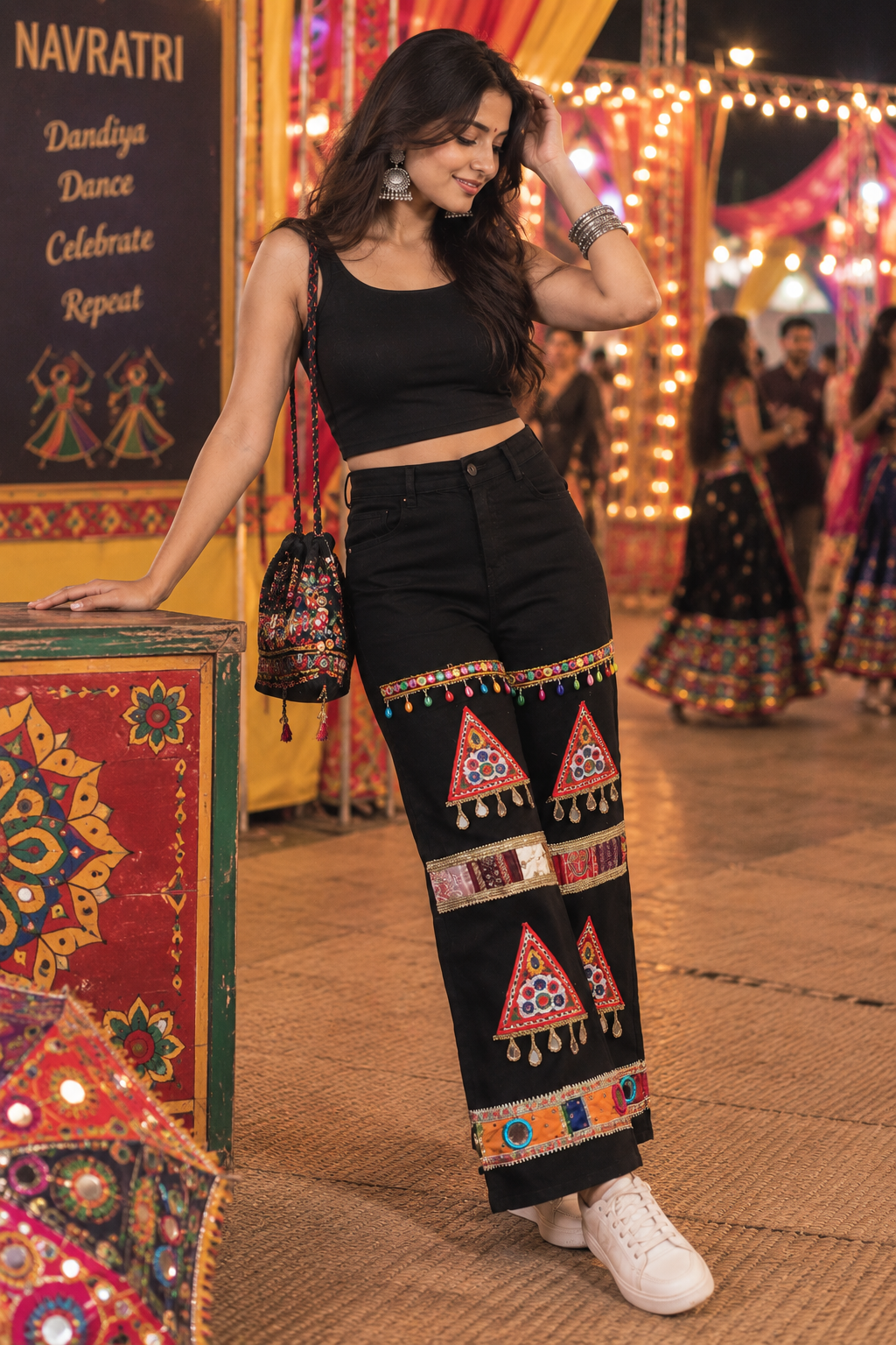 Black Embroidered Mirror Work Navratri Pants with Multicolour Tassels – CLOTHIVE