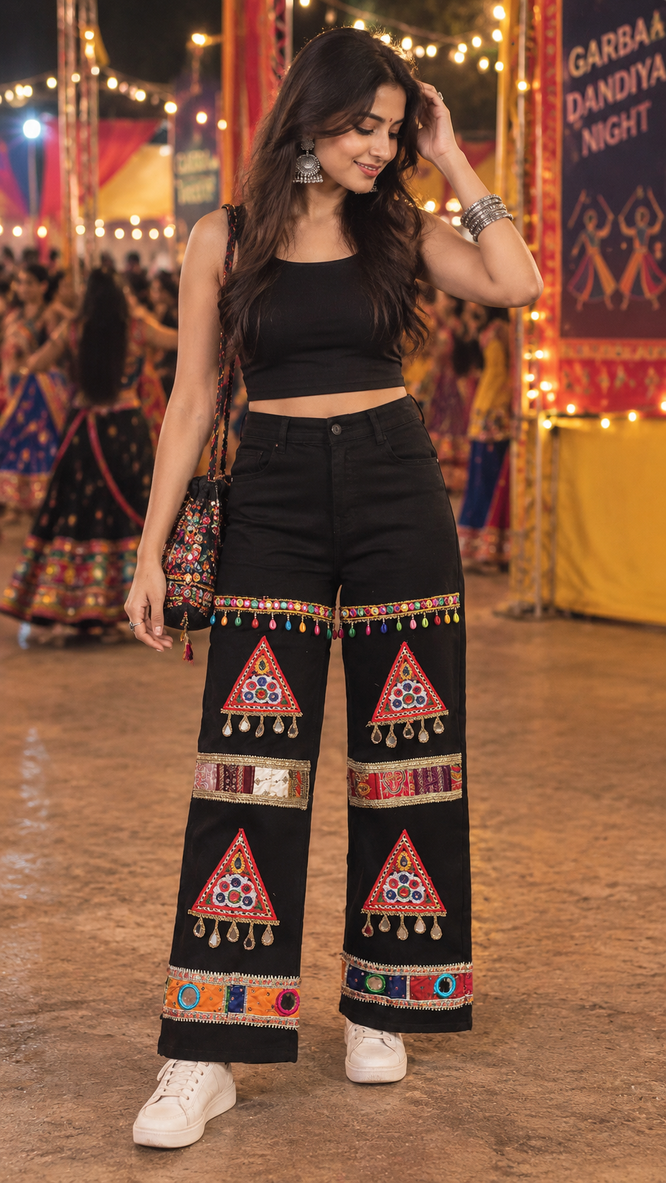 Black Embroidered Mirror Work Navratri Pants with Multicolour Tassels – CLOTHIVE