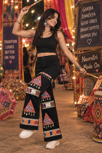 Black Embroidered Mirror Work Navratri Pants with Multicolour Tassels – CLOTHIVE