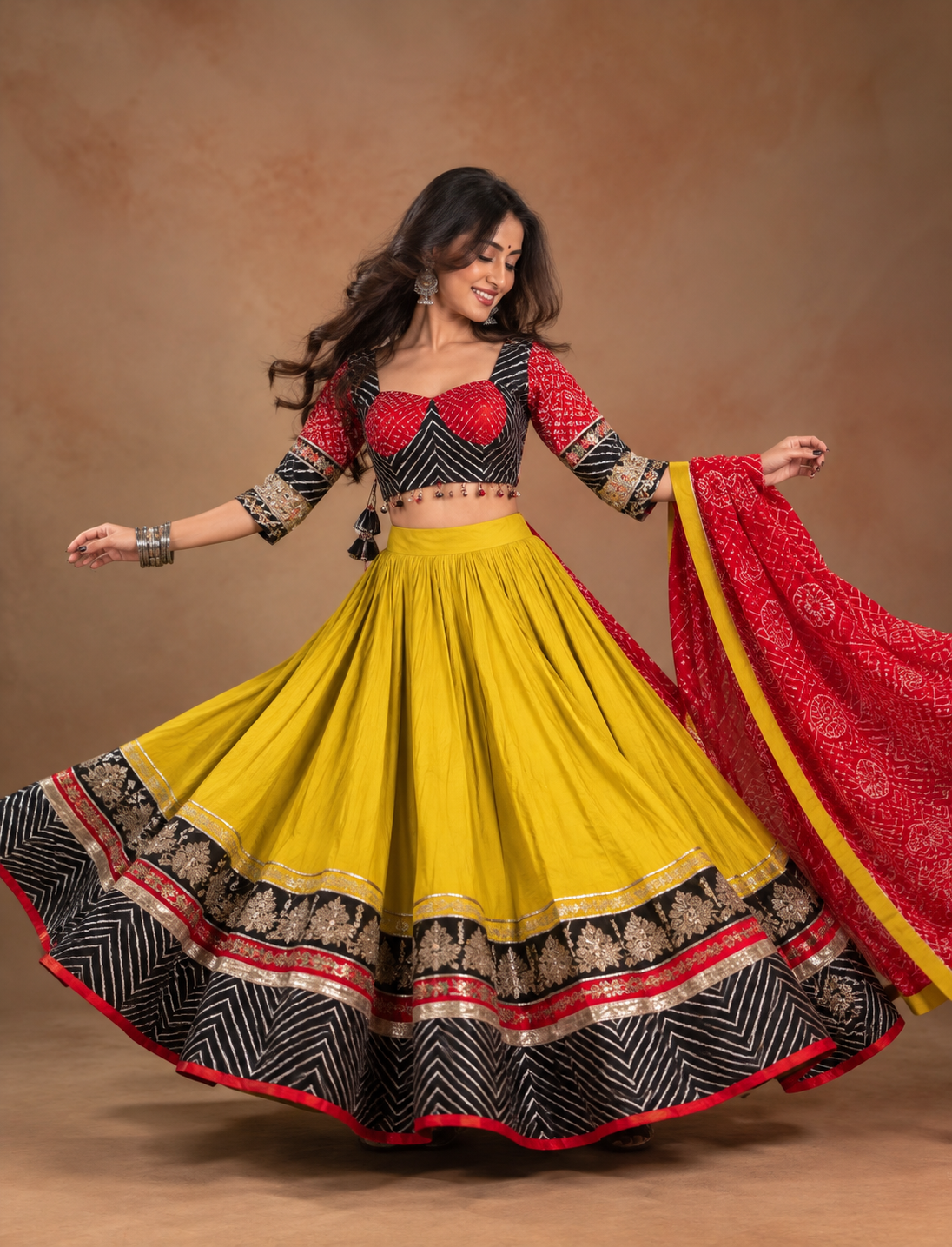 Mustard Yellow & Red Embroidered Lehenga Choli with Traditional Black Border – Navratri Collection
