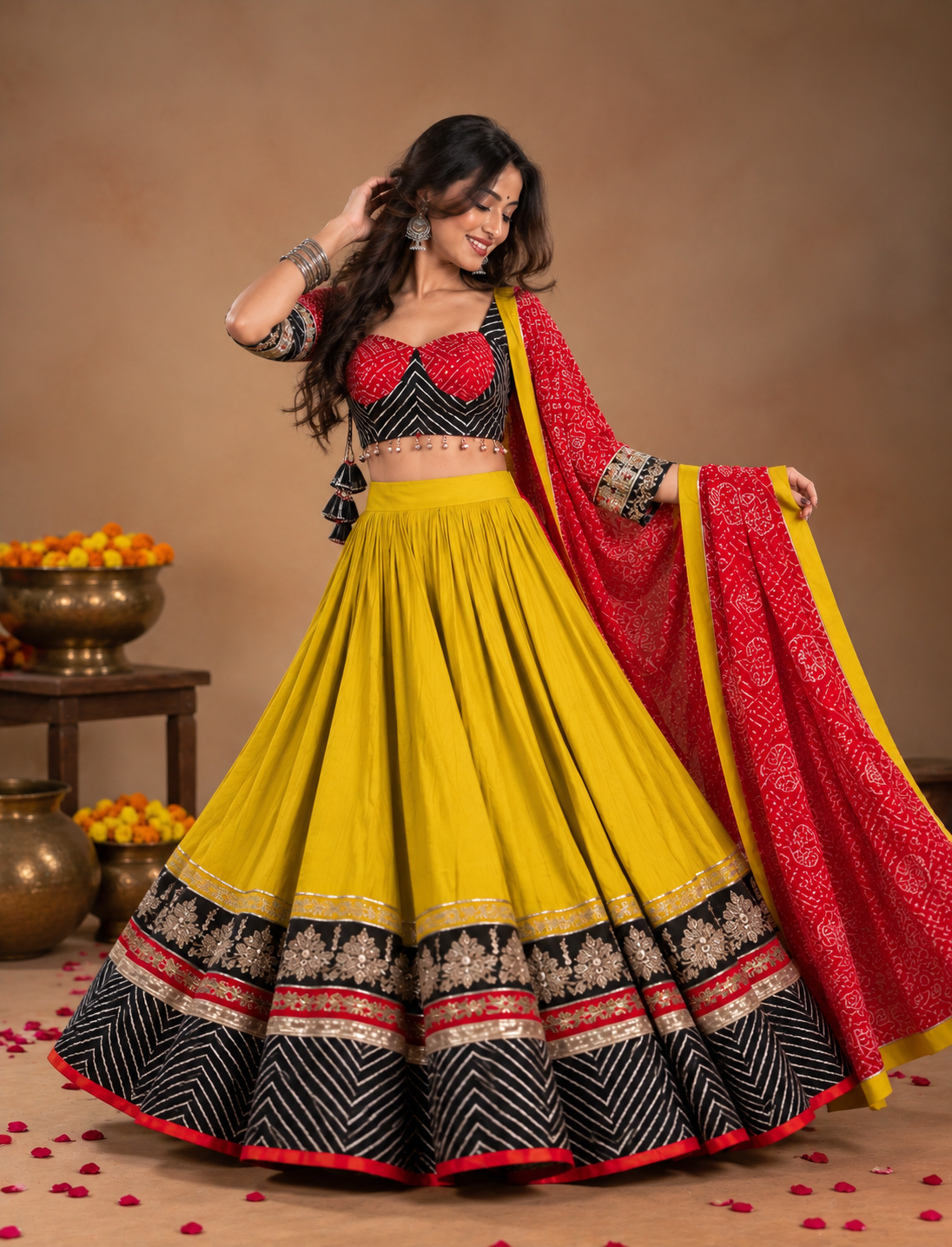 Mustard Yellow & Red Embroidered Lehenga Choli with Traditional Black Border – Navratri Collection
