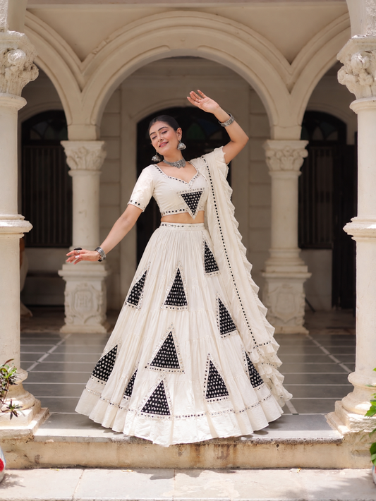 White Mirror Work Navratri Chaniya Choli Set with Matching Dupatta | CLOTHIVE