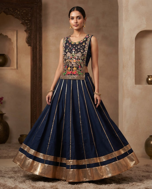 Royal Navy Blue Embroidered Lehenga Choli Set with Gold Zari Border