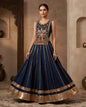 Royal Navy Blue Embroidered Lehenga Choli Set with Gold Zari Border
