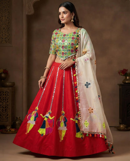 Red & Green Designer Mirror Work Chaniya Choli with Dandiya Motif & Dupatta
